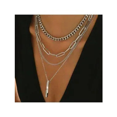 Layered Sterling Silver Chain Necklace Set C 4 Strands With Pendant